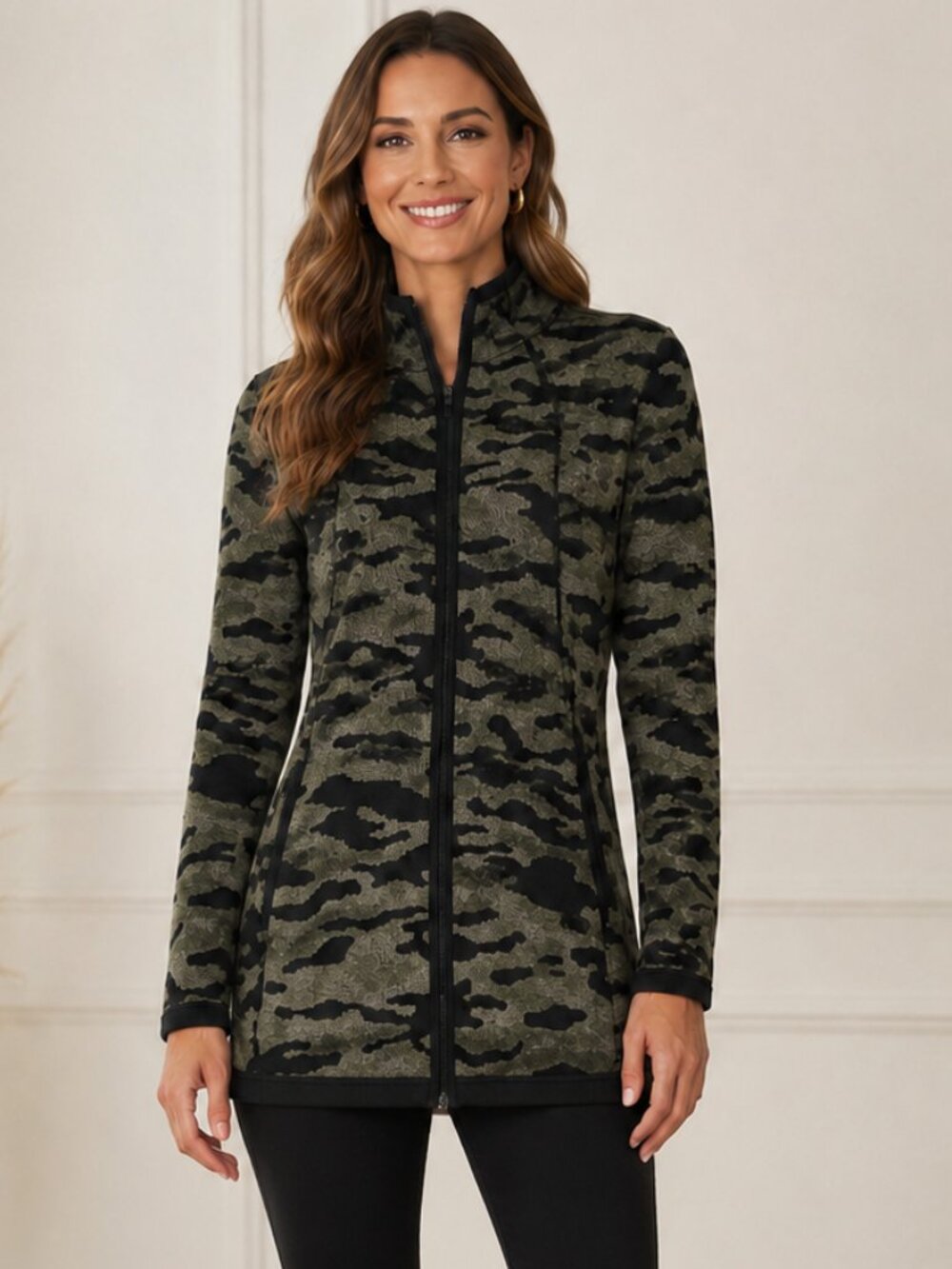 Cynthia Rowley Long Camo Zip Up Cardigan Sweater Jacket Size Medium